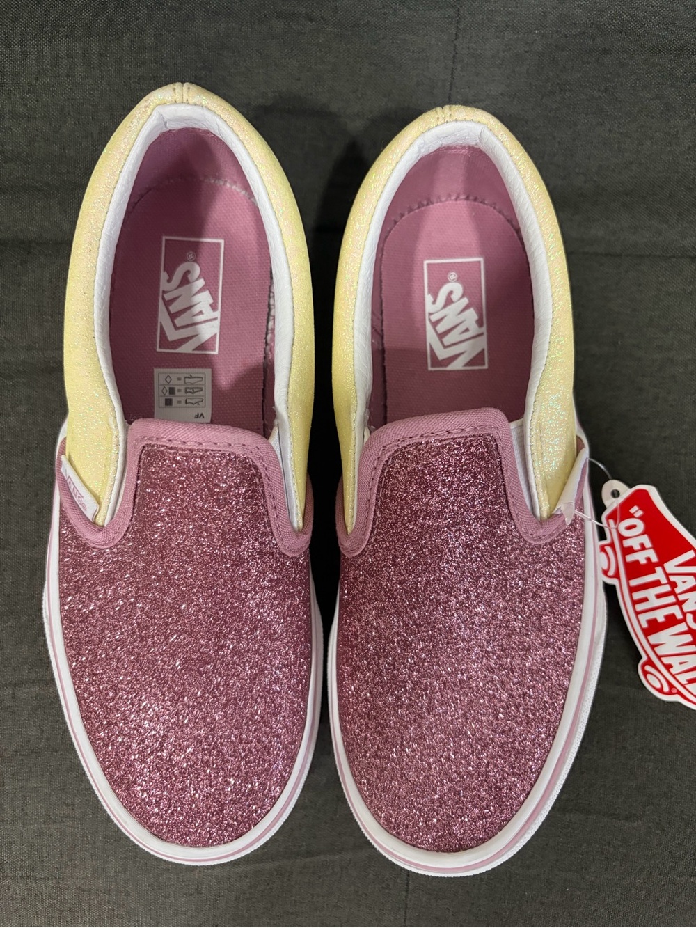 Vans Kids Slip-On Glitter Sneakers in Pink and Yellow